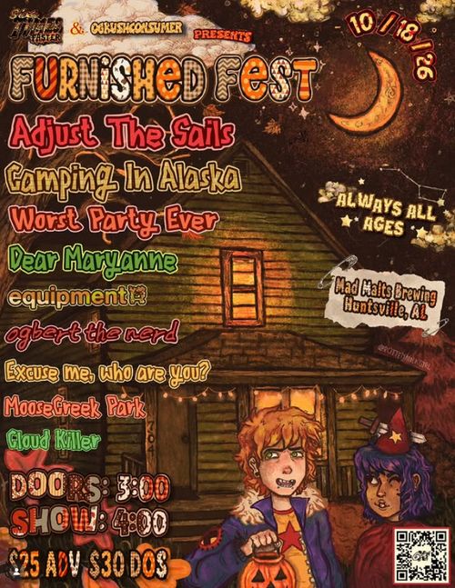 Two kids who are trick-or-treating stand next to a spooky looking house. The moon is in the dark sky. A list of the bands is listed down the left side of the flyer.