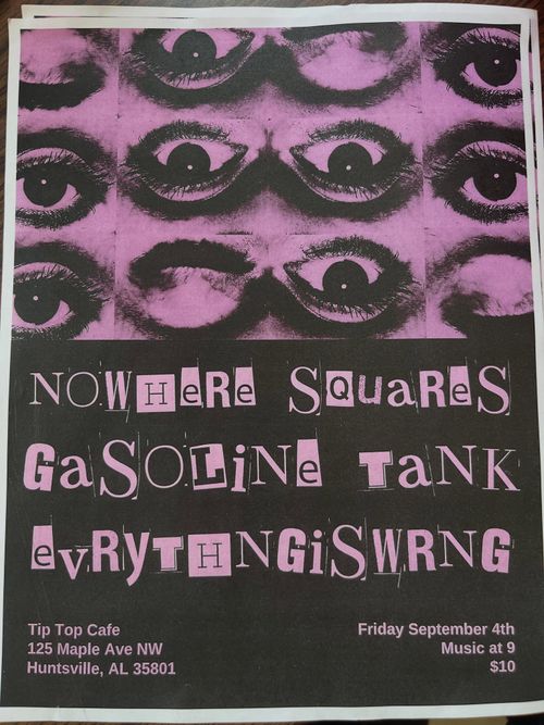 A bunch of eyes on a purple background, followed by info from the flyer.